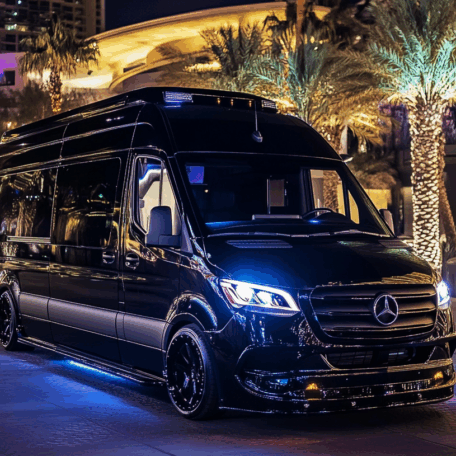 High end mercedes sprinter at night